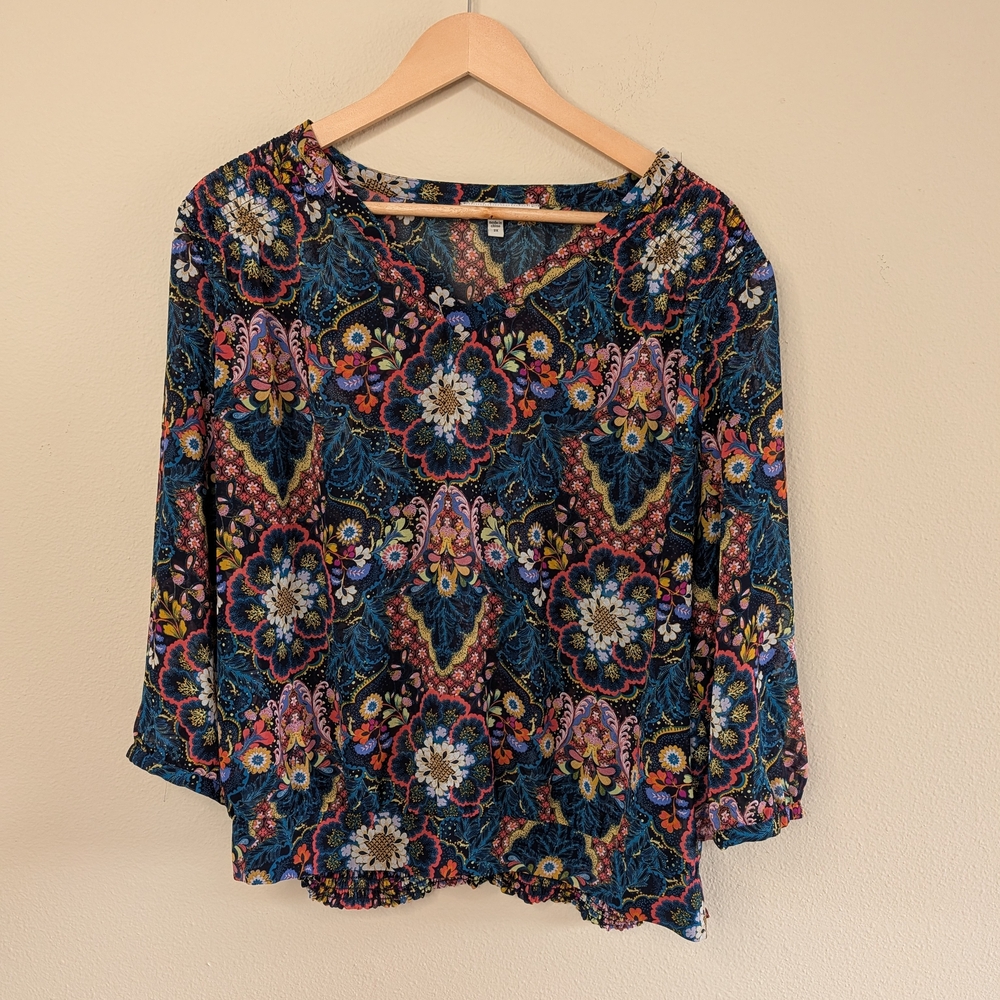 Black Rainn Boho Floral Blouse Womens 2X Multicolor Medallion Print‎ Peasant Top